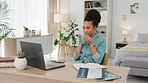 Remote work, coffee and woman digital employee doing freelance schedule in a bedroom. Work from home, tea and relax black woman working on a computer reading online research in home office thinking