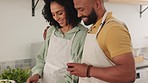 Cooking, wine and relax with black couple in kitchen for food, bonding and dinner. Love, help and happiness with man hugging woman at home with affection for preparation, lunch and date together