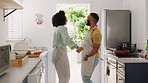 Black couple, happy dancing and cooking in kitchen for comic quality time, dance together and relax freedom. Young african people, laughing and prepare dinner with smile for love or funny dancer 