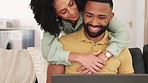 Love, hug and black couple with laptop on sofa, online shopping or internet browsing. Romance, remote worker and man working on pc with happy woman hugging, cuddle or embrace for support in house.