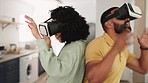 Gaming, virtual reality and couple with headset play online game with VR. Future fun, black woman and man with interactive technology in home, futuristic digital innovation in augmented reality video