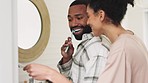 Happy couple, woman and man with pregnancy test in bathroom while brushing teeth for good news, announcement and love. Black couple excited about positive pregnant results from ivf in family home 