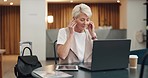 Video call, virtual meeting and laptop with a business woman remote working from an airport waiting terminal. Computer, communication and business meeting with a senior female employee at work