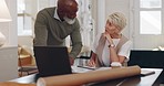 Architect woman, black man and teamwork planning with blueprint, building design or discussion. Architecture team, partnership and conversation for strategy, vision or laptop on desk in San Francisco