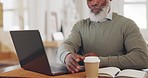 Black man, laptop and coffee for remote work as freelancer while thinking, planning and working on strategy for small business vision and future. African entrepreneur with motivation in home office