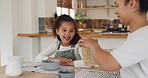 Breakfast cereal, mother and girl ready for eating at a kitchen home table feeling happy. Child, food and smile with a relax mama in a house preparing meal with love, parent care and mom support