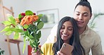 Couple, flower bouquet or phone in home living room for valentines selfie, birthday celebration or house anniversary event. Smile, happy or bonding man and woman with leaf plants or mobile technology