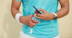 Outdoor fitness, man and hands with phone, earphones and music for motivation, podcast or search mobile app, internet and tech. Closeup athlete, smartphone and playlist for sports, exercise or audio 