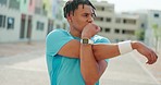 Black man runner, city and stretching for fitness, exercise and wellness on street with vision, goal and strong. African guy, warm up and smartwatch for workout, training and focus on road in metro