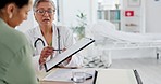 Mature woman, patient or doctor with clipboard in hospital clinic, test results analytics or surgery planning. Talking, consulting or healthcare worker with paper documents for life insurance trust