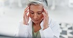 Woman, face or doctor with stress headache in hospital, Indian wellness clinic or community medical center. anxiety Burnout, migraine pain or healthcare worker in medicine planning mistake or crisis