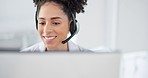 Call center, crm consulting and woman in telemarketing, happy support and consultant advice on a computer. Contact us, receptionist and face of a customer service worker in technical support on a pc