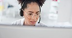 Telehealth, headset and doctor on computer in hospital for healthcare. Health, online consultation and black woman, physician or medical professional consulting on pc for prescription, advice or help