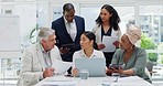 Business meeting, staff and collaboration with teamwork for a legal strategy in an advocate office. Lawyer group with documents and tech in a brainstorm meet planning with innovation for a case