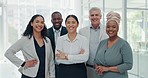 Portrait, collaboration and diversity with a business team standing arms crossed together in their office. Corporate, teamwork and trust with a man and woman employee group confident in the workplace