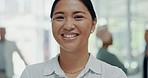 Portrait, happy and success with a business asian woman standing in her office with a smile on her face. Motivation, manager and mindset with a female employee ready for future company growth