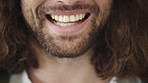 Man beard, closeup and smile on mouth, teeth and healthy facial hair with happiness, wellness and funny moment. Zoom, lips and hair on face of happy, excited or confident guy for natural self care