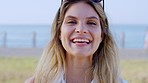 Woman, face or laughing by beach, ocean or sea in Colombia travel location, summer holiday or vacation break. Portrait, happy smile or nature tourist and comic facial expression or fashion sunglasses
