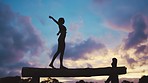 Fitness, silhouette and woman on balance beam against a night sky for exercise and training. Yoga, outline and shadow of female meditation for zen, peace or chakra, mindfulness and wellness outdoors.