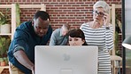 Startup office, laptop and teamwork discussion for black man, women or diversity in collaboration meeting. Man, woman and digital marketing in modern office with team, strategy or brainstorming group