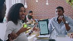 Tablet, team work or employees in a meeting planning a digital marketing strategy for a global target audience. Support, collaboration or black woman talking or speaking of seo ideas to African men 