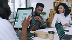 Phone, ui and designer meeting with tablet for feedback, review and project development. Black people, tech and professional application design team brainstorming together with screen.

