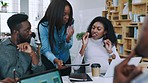 Black people, business and marketing team brainstorming with tablet for research, ideas and planning together in startup. Group of office workers, collaboration and innovation with digital technology