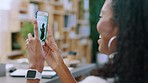 Black woman, phone and video recording coach in workshop during training or coaching at office. Hands of African American woman employee with live record of mentor dancing and teaching on smartphone