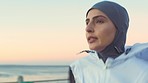 Muslim face, woman and running at beach for exercise, cardio training and sport marathon with energy, speed and focus mindset. Islamic fitness runner in hijab at sunset, sea workout and healthy goals