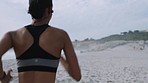 Fitness, motivation and woman running on beach for marathon training, endurance workout and challenge. Sports, nature and back of girl athlete exercise for wellness, healthy lifestyle and cardio