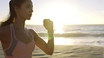 Run, sunset and woman on beach, workout and training for wellness, health and exercise. Running, female runner and athlete practice for marathon, seaside and workout for balance, cardio and fitness.