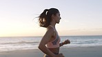 Fitness, running and woman on beach with energy, speed and focus training for marathon, body goals or progress with morning and ocean waves. Sports exercise, fast runner or athlete workout by the sea