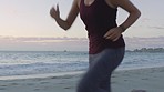 Runner, wellness or woman running at sunset on beach, ocean or sea for training, health or exercise. Sports, fitness or girl athlete with motivation for marathon workout, cardio event or race 
