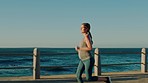 Running, music and fitness with pregnant woman at beach training for maternity health, endurance or stamina. Jogging, podcast and pregnancy with runner listening for streaming, workout or goal