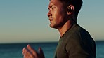 Running, energy and fitness with asian man at beach training for marathon, endurance and sprinting stamina. Fast, cardio and sweat with runner and exercise for sports, workout and performance
