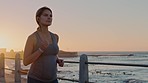 Pregnant woman, beach and sunset running for exercise, workout and healthy maternity. Pregnancy, fitness and mom with energy for cardio training at ocean, sea and sports wellness in nature with music