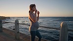 Fitness, pregnant woman and relax by the beach for wellness, yoga or zen workout in the outdoors. Calm woman in pregnancy exercise, maternity or relaxing for healthy lifestyle by the ocean coast