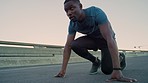 Fitness, sprint and black man running in the road for an outdoor endurance workout in the city. Sports, runner and African athlete doing cardio training in the town street for a race or competition.