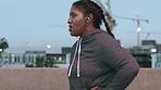 Running, night city and tired plus size woman outdoor for a workout, cardio training and exercise to lose weight for health and wellness in obesity. Female break for breathing on urban run with music