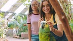 Girls, friends and touching zoo parrot in school, education or learning field trip to aviary, animal community center or wildlife sanctuary. Happy smile, nervous students and bird in biology habitat