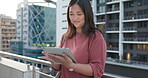 Tablet, building and business woman on city rooftop for company strategy, networking and social media management. Email communication, digital technology and worker on balcony at her corporate office