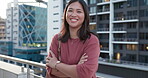 Happy, city and balcony with a business asian woman arms crossed outdoor with a mindset of future growth. Portrait, smile and confidence with a female employee laughing while in an urban town