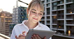 Woman, tablet and entrepreneur relax on balcony for tech management, startup business communication or search website online. Digital 5g device, planning work schedule or typing email conversation 