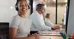 Telemarketing, happy black woman and call center agent working on desktop pc, consulting or help desk support consultant. Crm, contact us and customer service employee laughing on call in office
