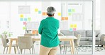 Back, business woman or brainstorming with sticky notes, thinking or planning in office. Leader, lady and mature female with glass board for marketing strategy, advertising campaign idea and post it.