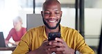 Black man, phone and office chat while online for communication, social media or reading email, news or content creator post. Smile on face of employee at desk for project research on website