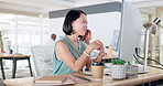 Asian woman, call center and consultant in telemarketing, customer support or service for insurance advice at office. Happy woman employee agent consulting, policy or online conversation on computer