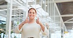 Thumbs up, smile and businesswoman walking in creative office for employee success, motivation and company support. Woman, happy and thank you hands for small business designer or goal achievement