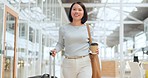 Asian businesswoman, suitcase or travel at airport with smile, walking or excited on business trip. Corporate woman, career and luggage for international, overseas or global job in investment agency