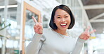 Peace sign, happy asian woman and face of success, motivation or pride in trendy office building in China. Portrait, excited female and v sign, hand emoji and celebration for happiness, winner or joy